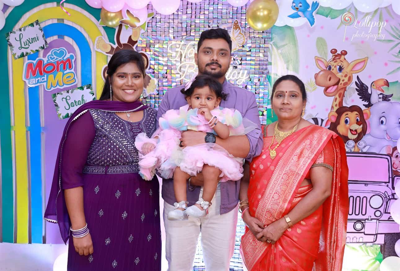 A delightful family portrait during Sarah's birthday party, showcasing love and celebration with Lollipop Photography.