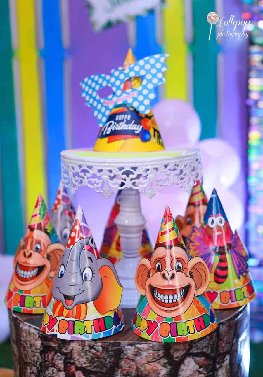 Colorful birthday caps featuring jungle animals, adding fun to Sarah's first birthday celebration, photographed by Lollipop Photography.
