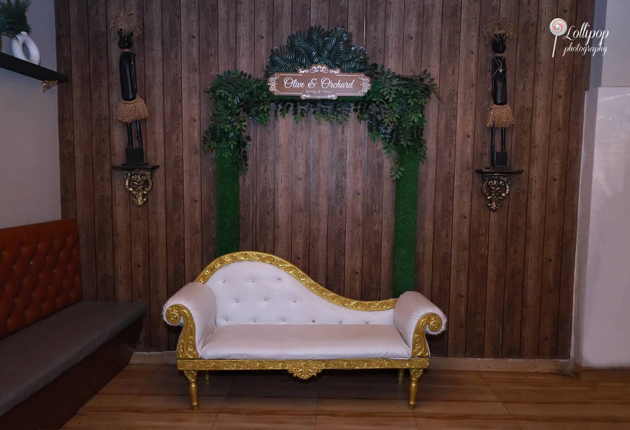 The beautifully decorated seat at Olive & Orchard banquet hall, set up for Suganthi’s baby shower in Chennai.